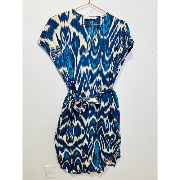 VANESSA BRUNO Blue Printed 100% Cotton V-Neck Belted Amarillo Dress Size 42 - Picture 3 of 12